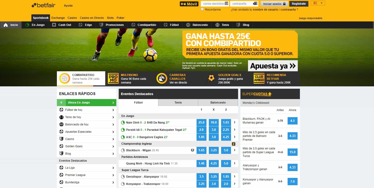 Página de inicio de Betfair